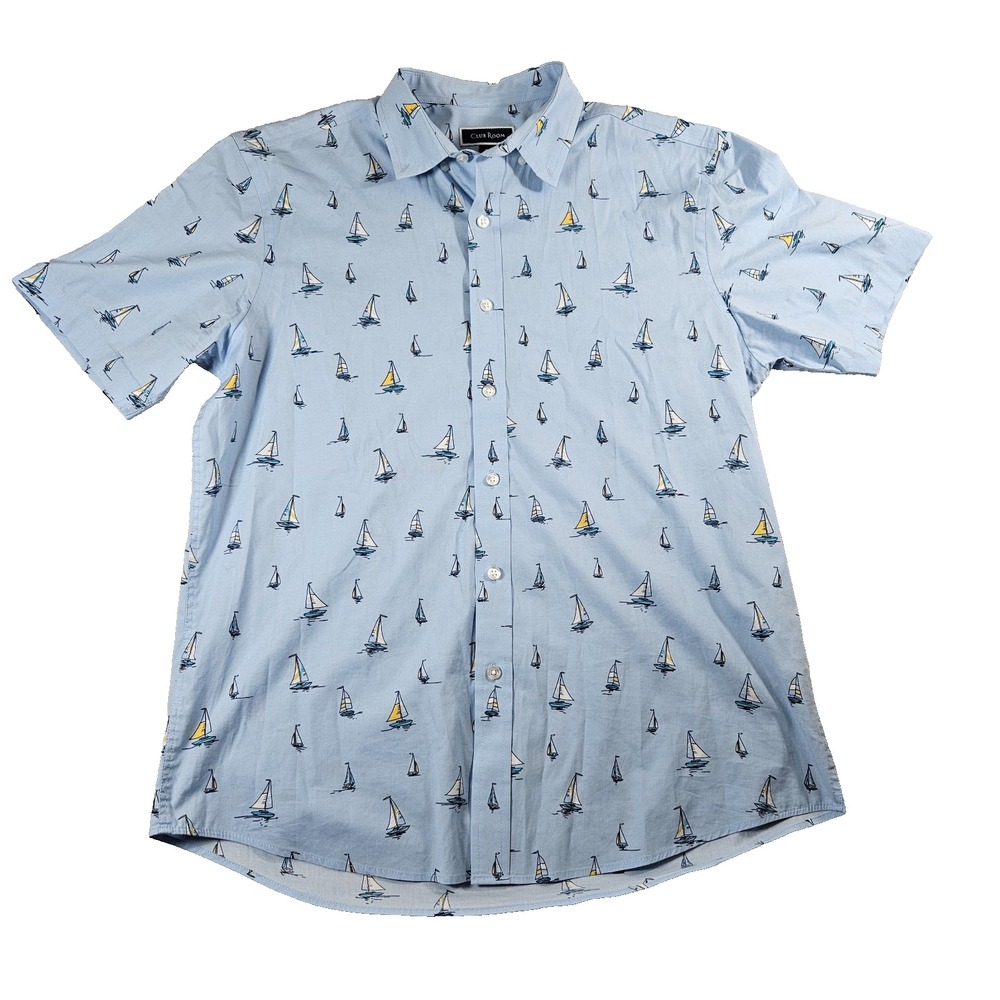 Club Room Men's Sz M Baby Blue Sail Boat AOP Button Up Casual Collared Shirt